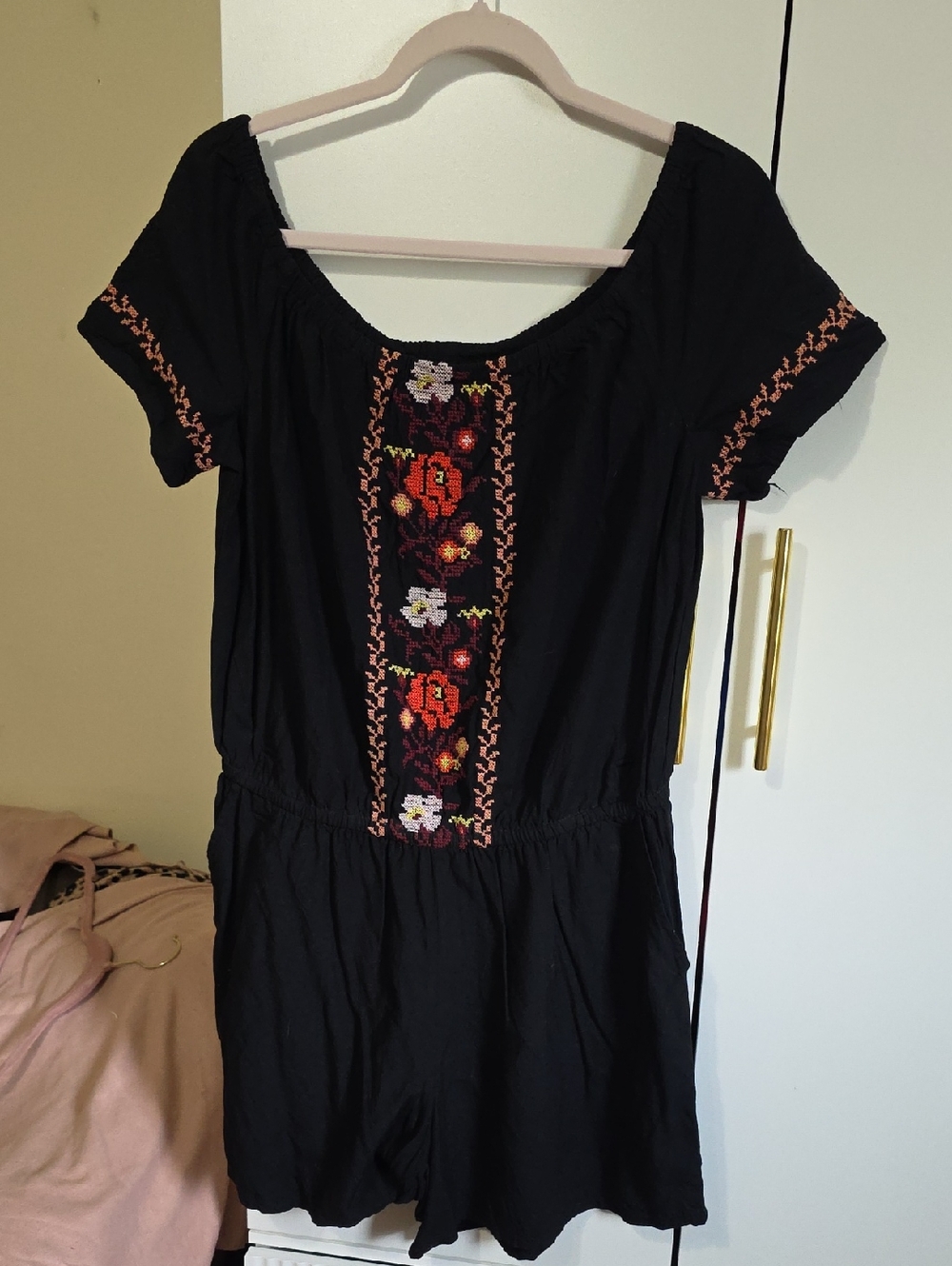 Old Navy Black Romper with Multicolor Floral Embroidery